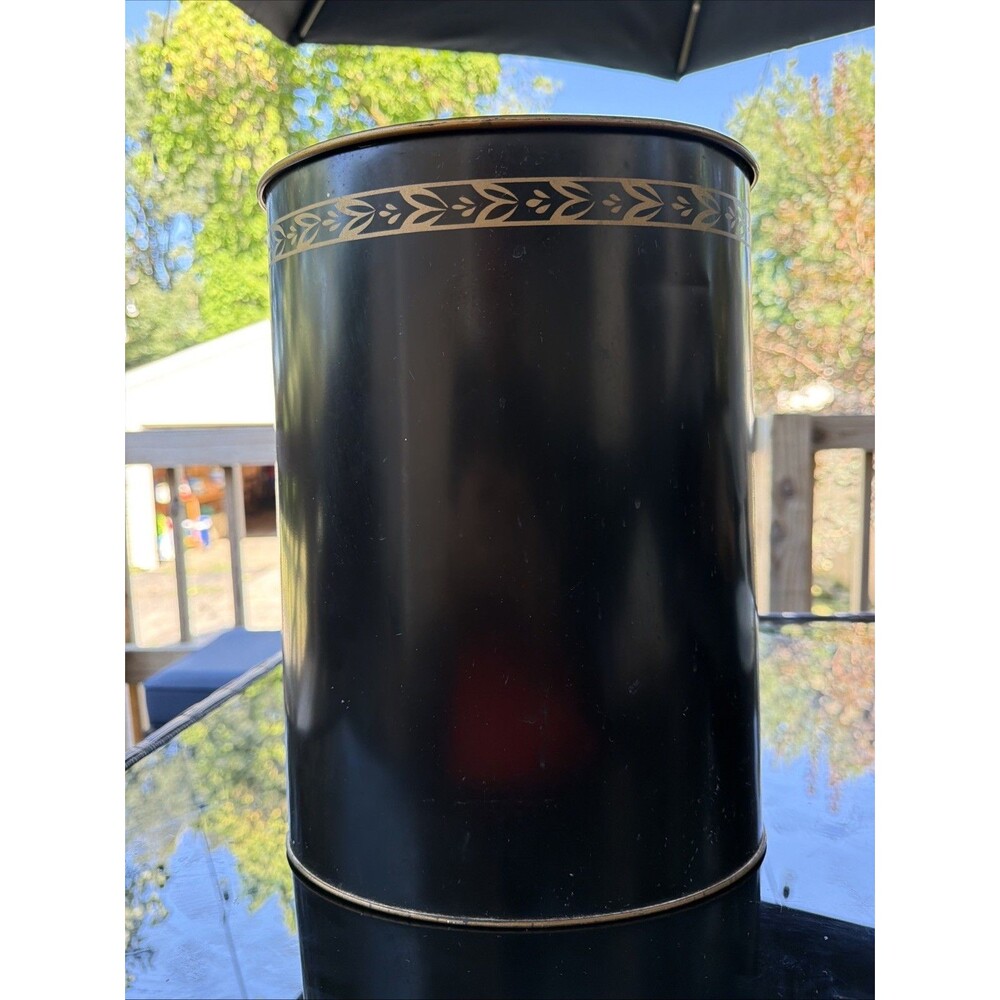 Vintage Ransburg Mid Century Black & Gold Oval Metal Waste Trash Garbage Can USA